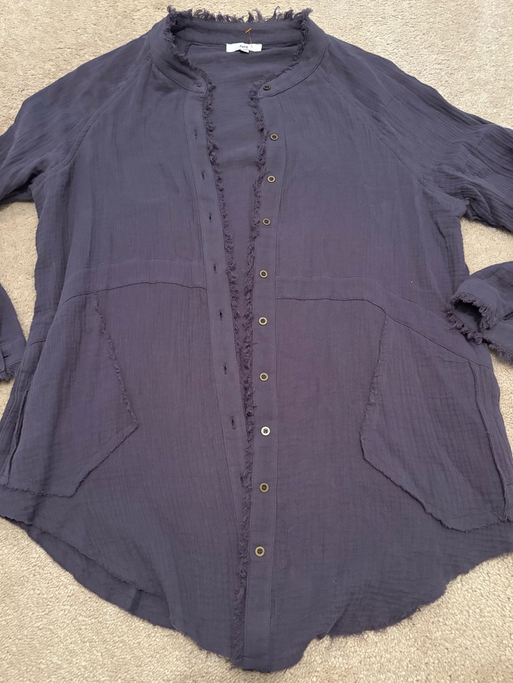 Fate Womens Small Frayed Raw Edge Navy Button-Front Casual Shirt Jacket Cotton